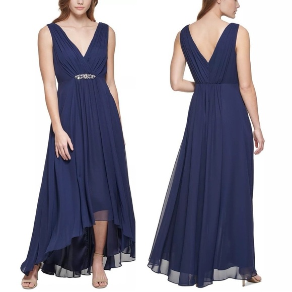 Eliza J Dresses & Skirts - NWT Eliza J Embellished High Low Gown Dress Navy Blue Chiffon Sz 4
